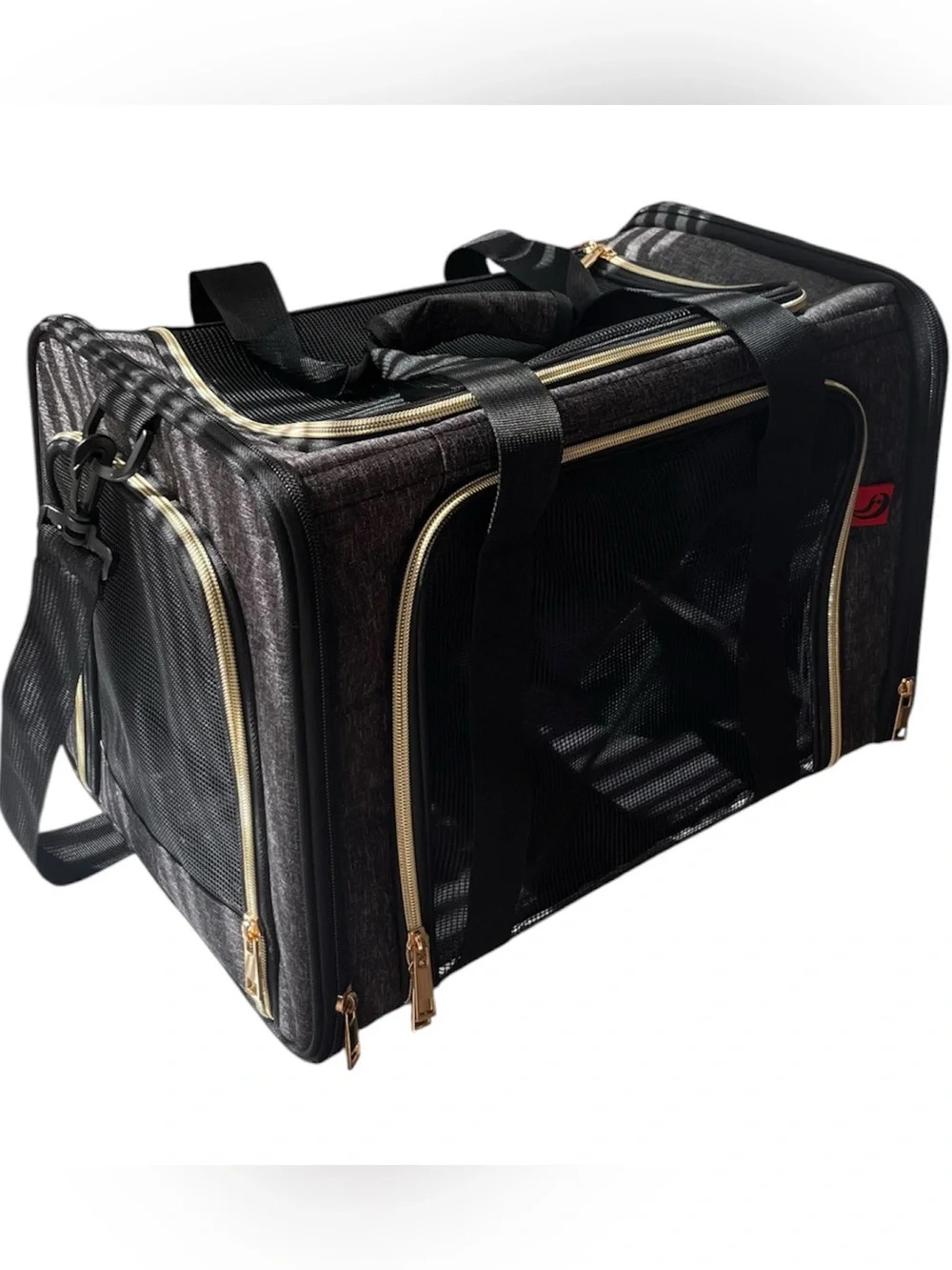Small Pet Black and Gold Travel Carry Bag with Mesh Front